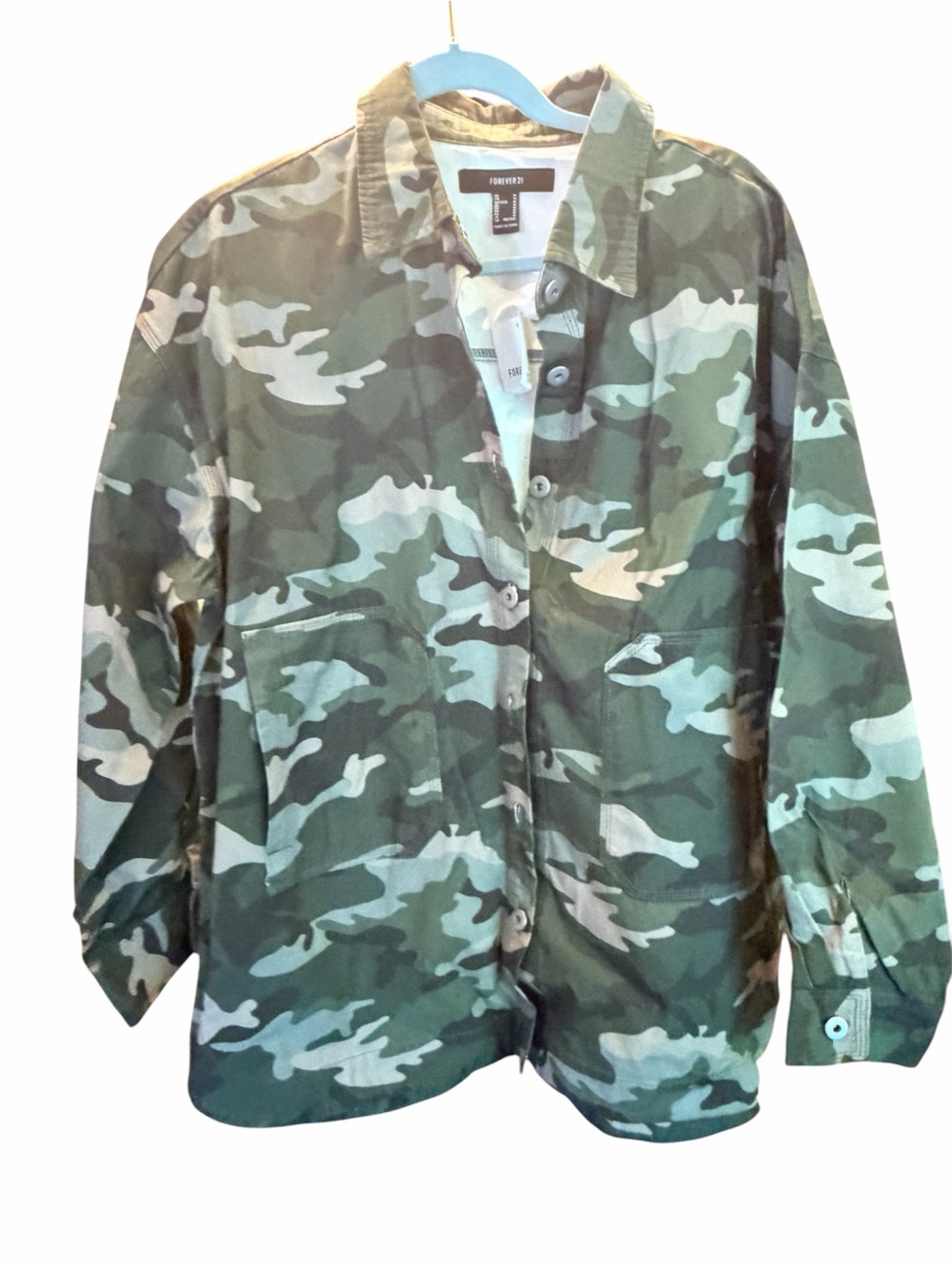 Forever 21 Green Camo Oversized Shacket Women Shirt Button Up Jacket M NWT